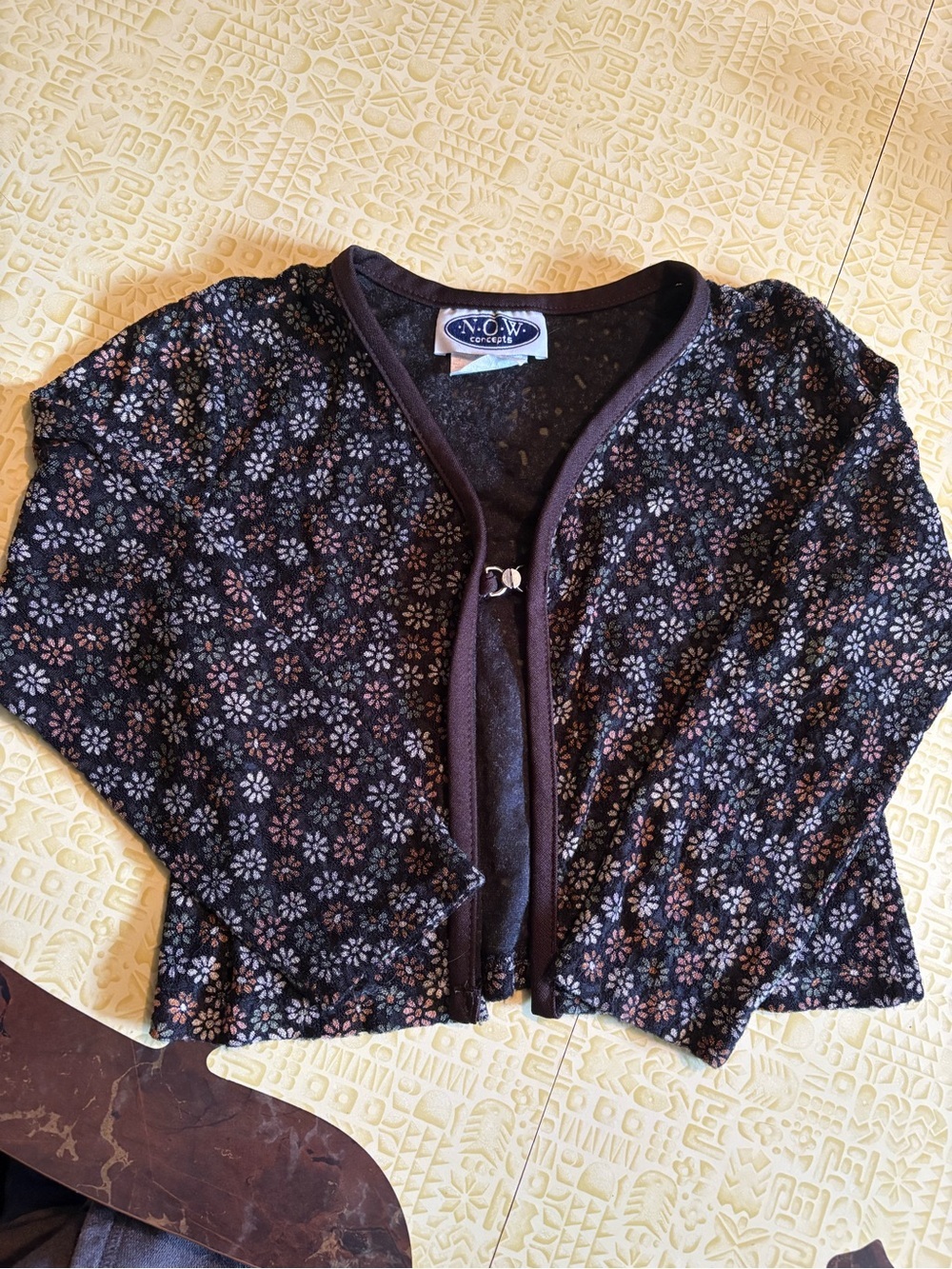 Vintage Floral Cropped Cardigan - Black with Brown & Cream Flowers